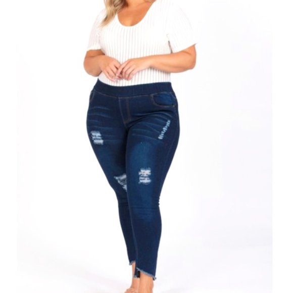 Mid Rise Denim Jeggings - Plus (XL, 2X, 3X) - Dark Blue Wash - Picture 1 of 3